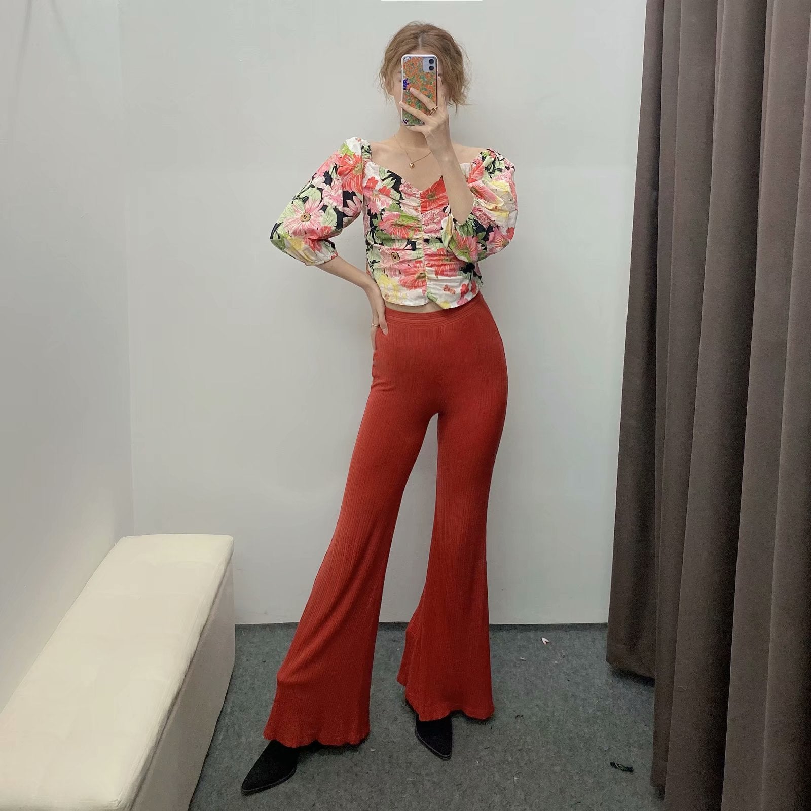 Sweet Floral Print Short Blouses Vintage V Neck Puff Sleeve Elastic Waist Female