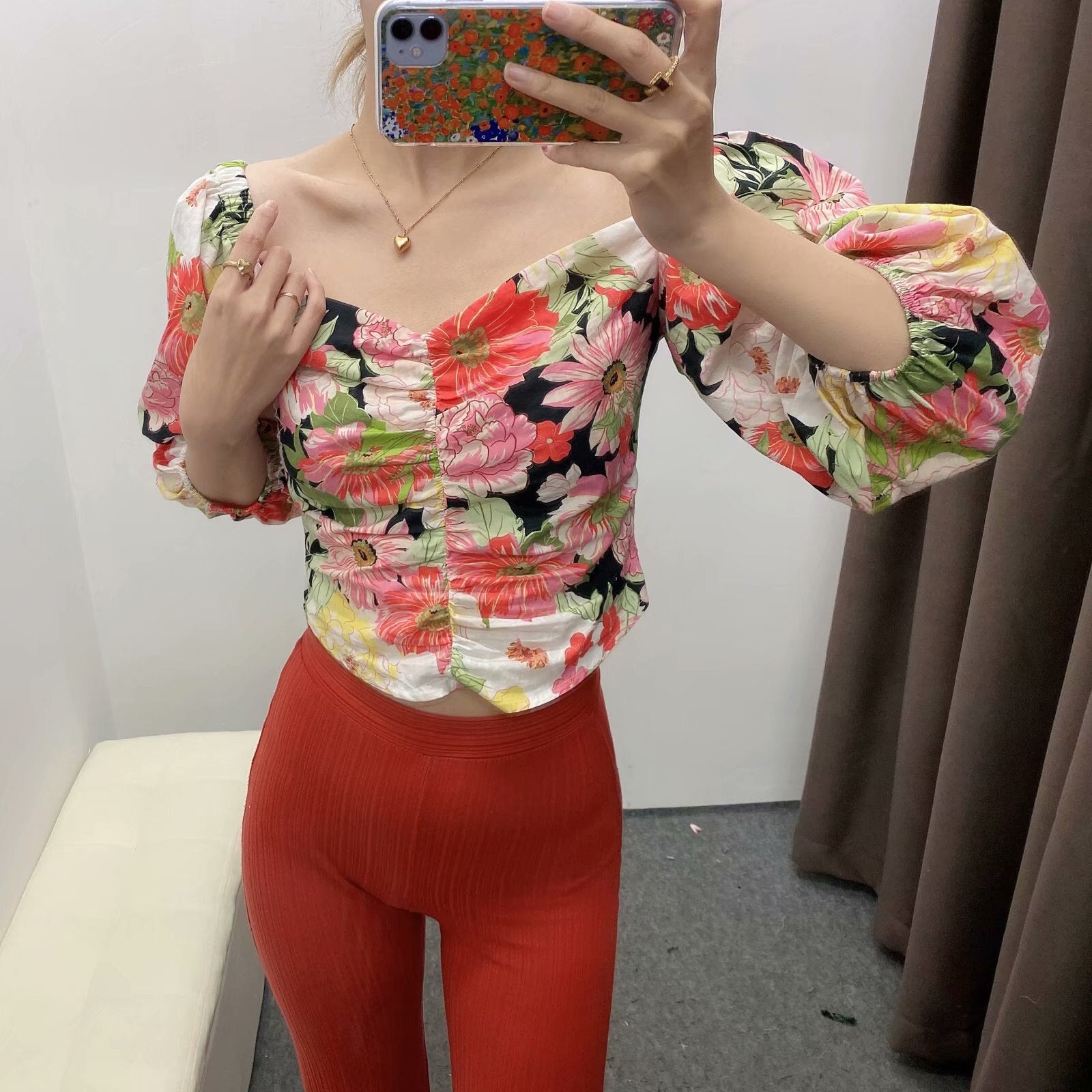 Sweet Floral Print Short Blouses Vintage V Neck Puff Sleeve Elastic Waist Female