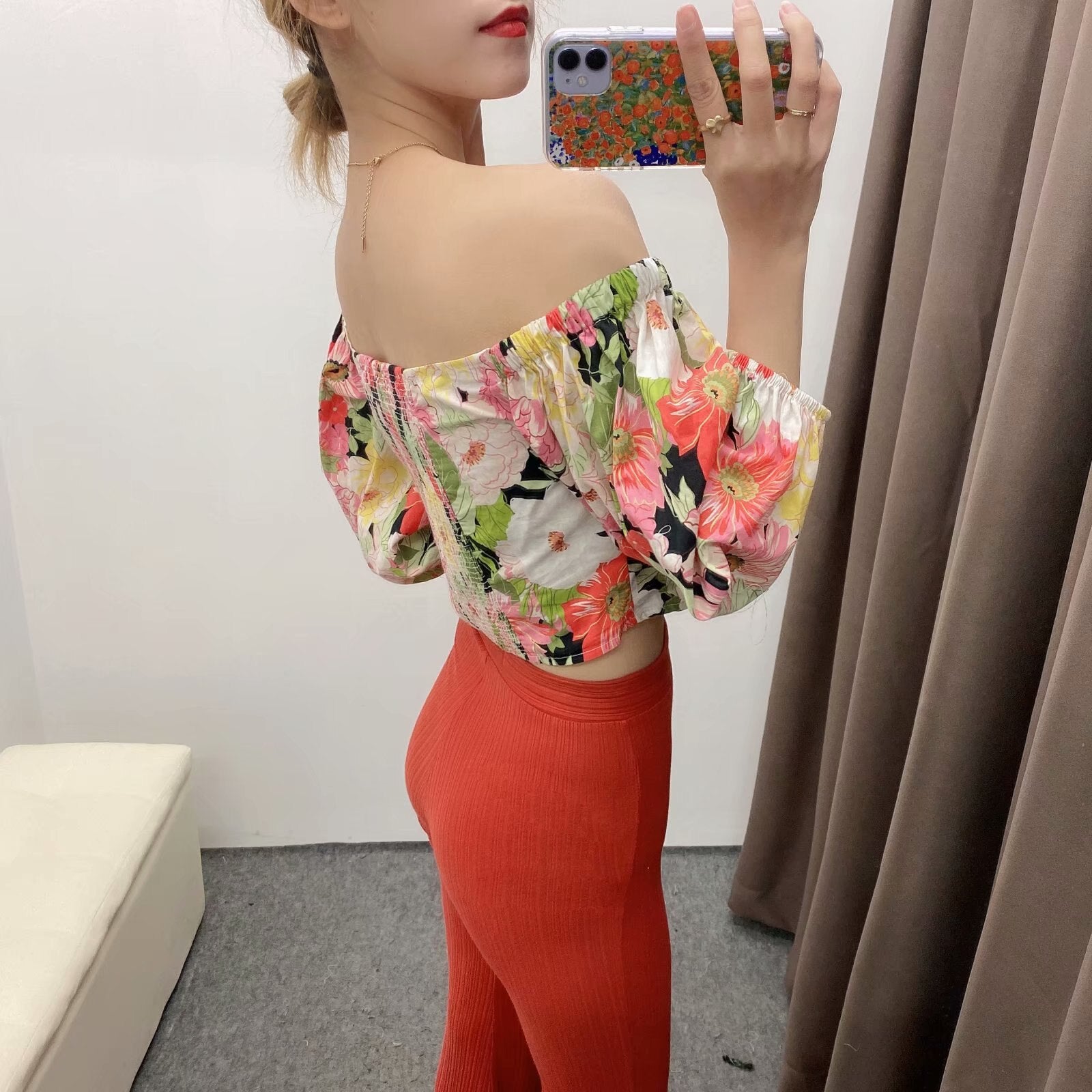 Sweet Floral Print Short Blouses Vintage V Neck Puff Sleeve Elastic Waist Female