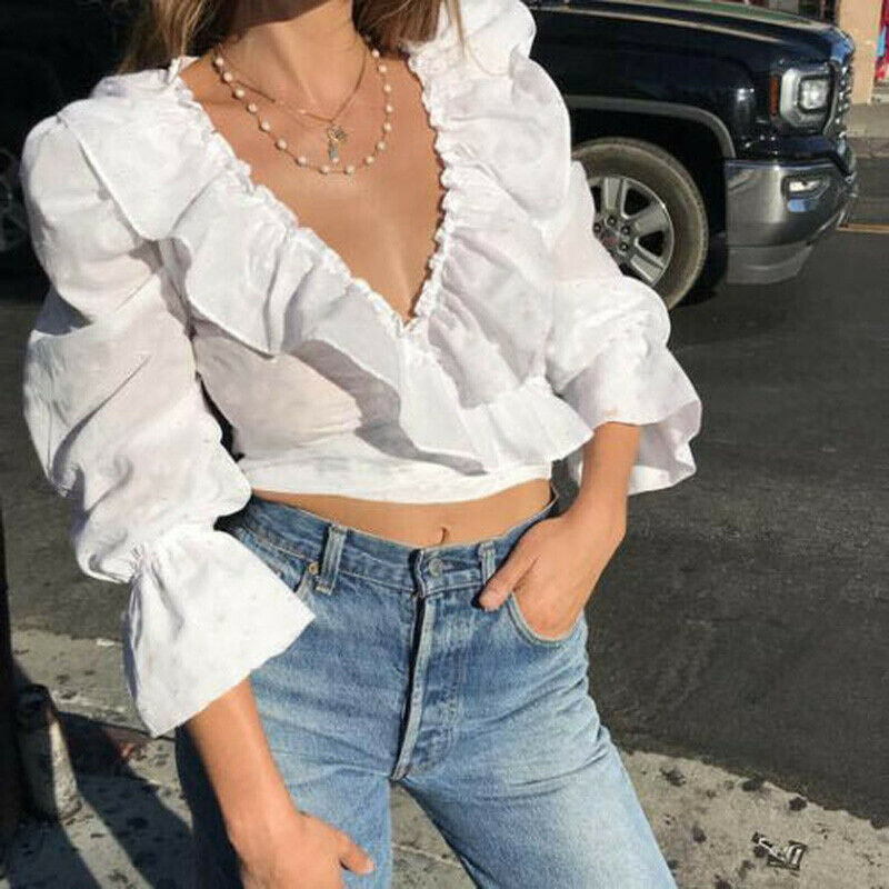 Ruffled Solid V neck Shirts  Crop Top Sexy Shirt