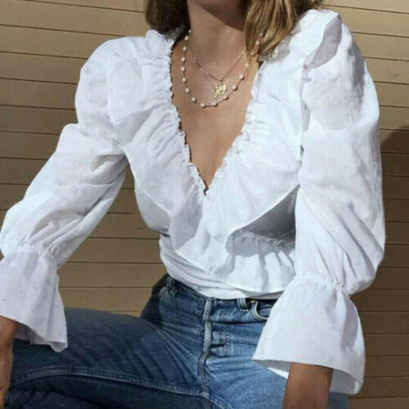 Ruffled Solid V neck Shirts  Crop Top Sexy Shirt