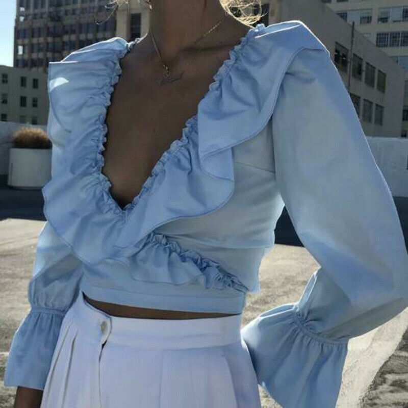 Ruffled Solid V neck Shirts  Crop Top Sexy Shirt
