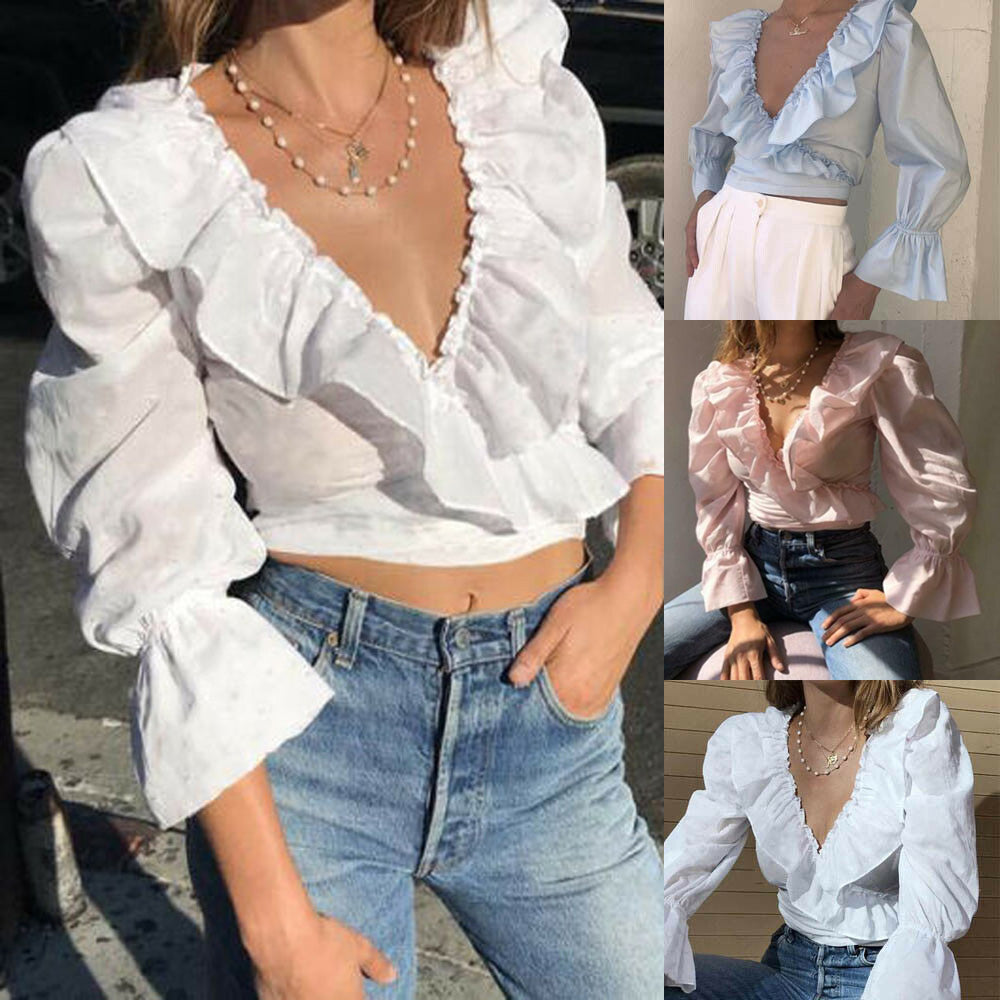 Ruffled Solid V neck Shirts  Crop Top Sexy Shirt