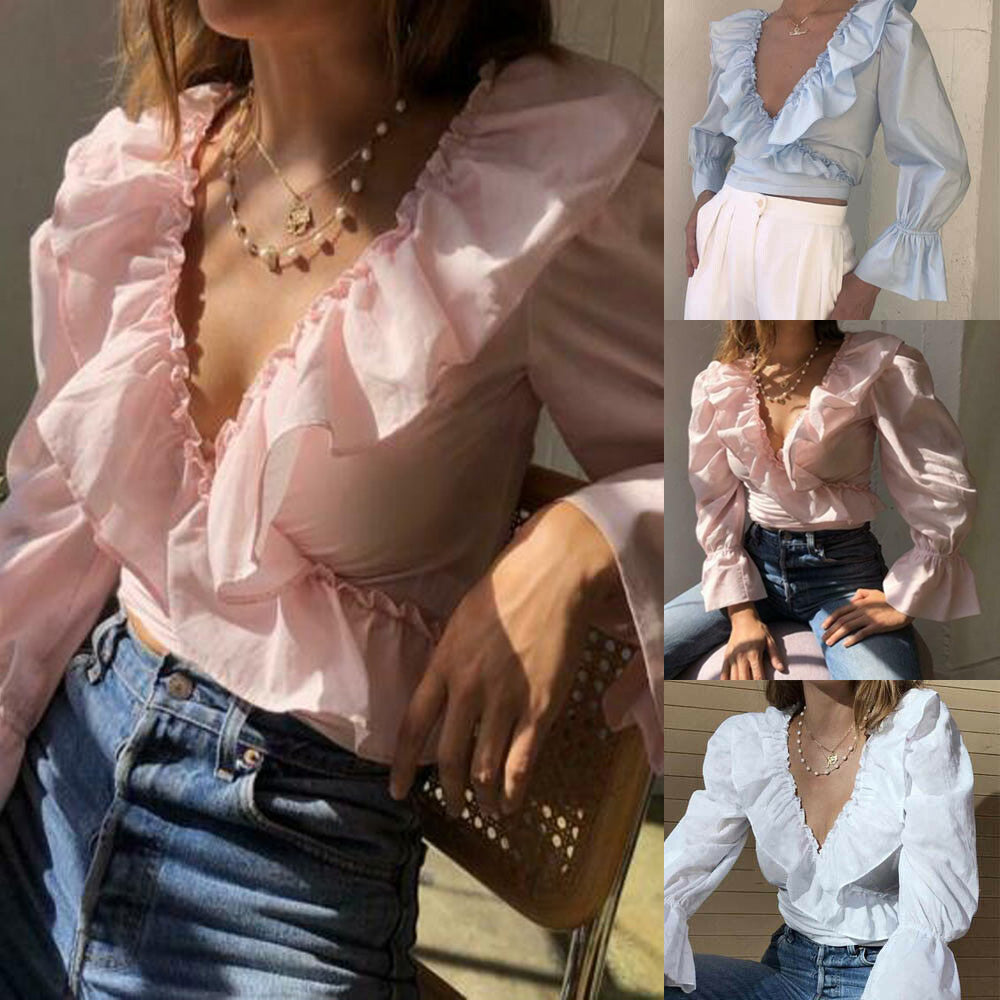 Ruffled Solid V neck Shirts  Crop Top Sexy Shirt