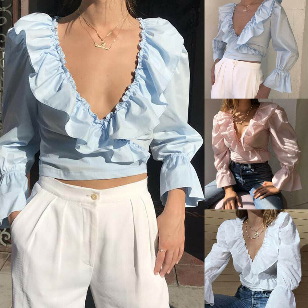 Ruffled Solid V neck Shirts  Crop Top Sexy Shirt