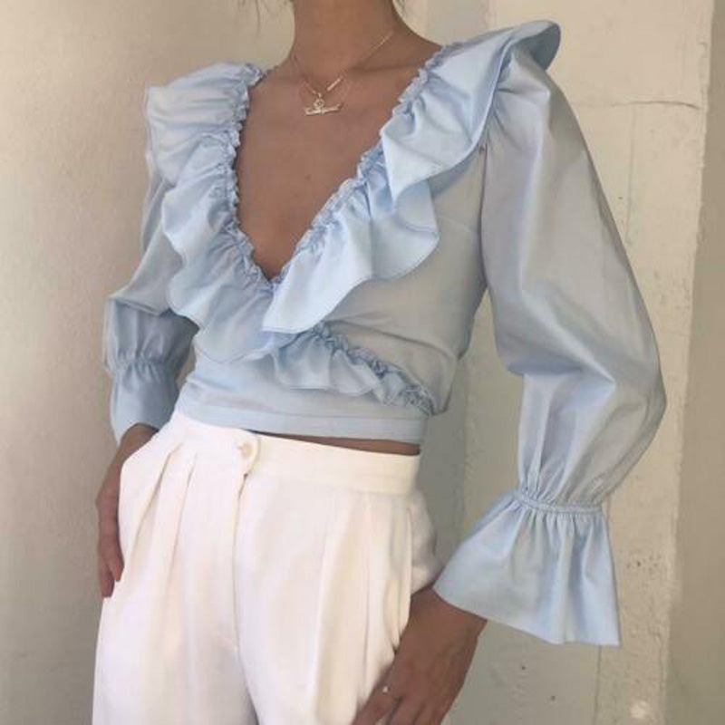 Ruffled Solid V neck Shirts  Crop Top Sexy Shirt
