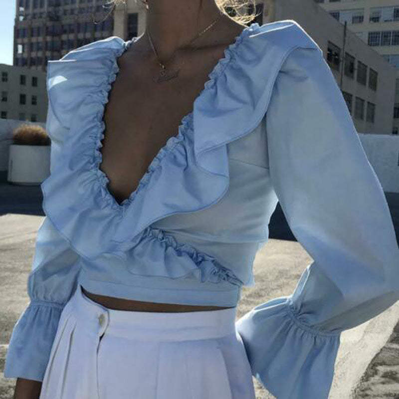 Ruffled Solid V neck Shirts  Crop Top Sexy Shirt
