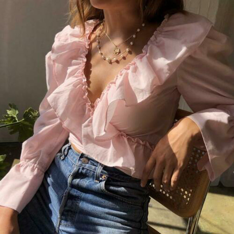 Ruffled Solid V neck Shirts  Crop Top Sexy Shirt