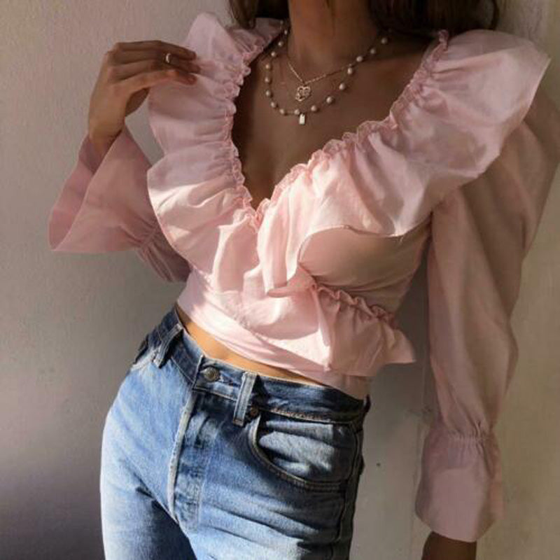 Ruffled Solid V neck Shirts  Crop Top Sexy Shirt