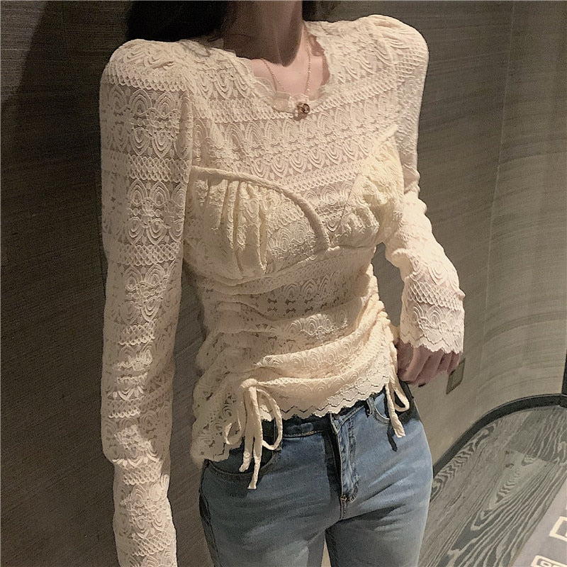 Lace Blouses Shirts Tees Mesh Full Sleeve  Stretchy Undershirts
