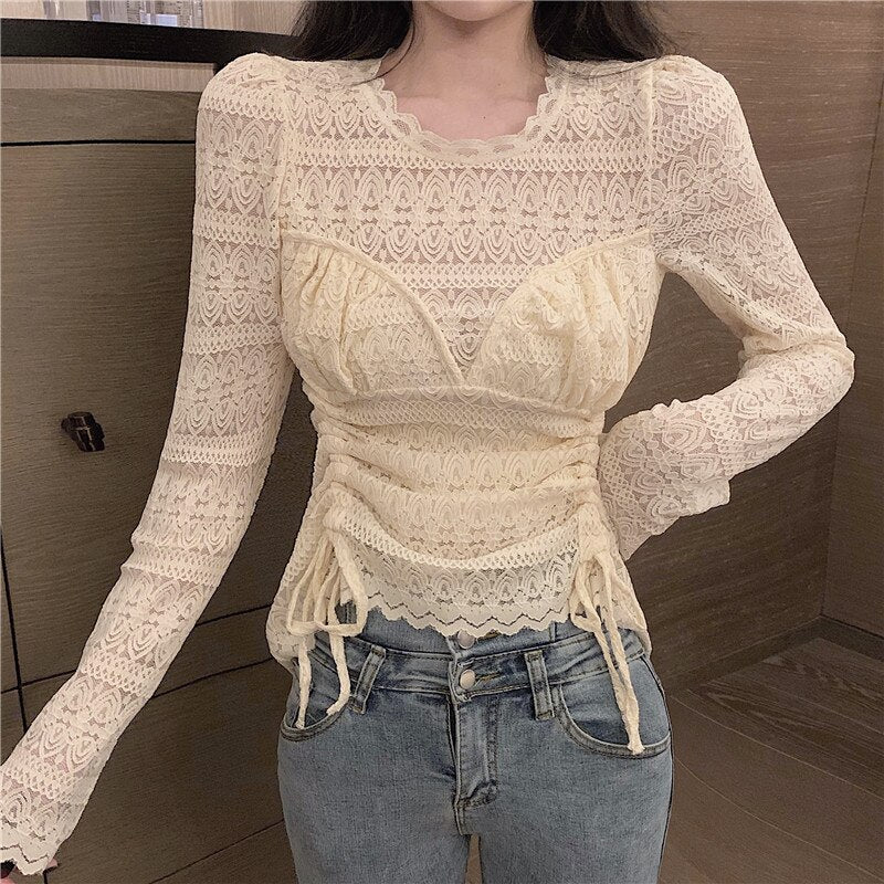 Lace Blouses Shirts Tees Mesh Full Sleeve  Stretchy Undershirts