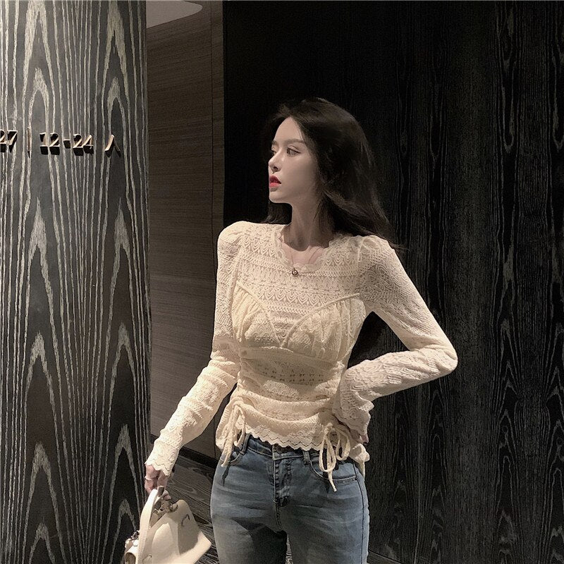 Lace Blouses Shirts Tees Mesh Full Sleeve  Stretchy Undershirts