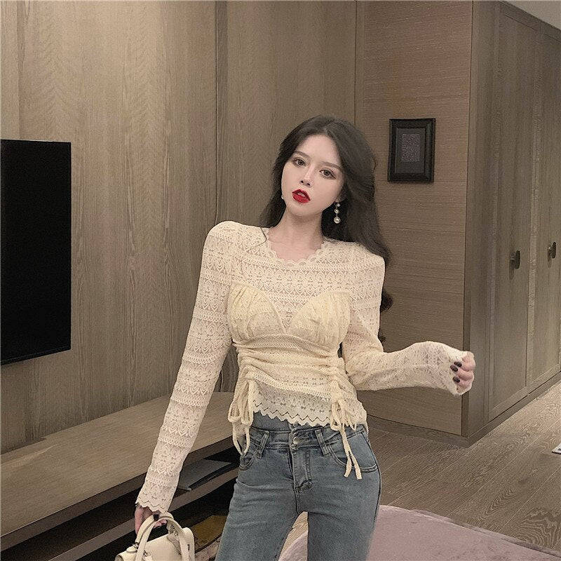 Lace Blouses Shirts Tees Mesh Full Sleeve  Stretchy Undershirts