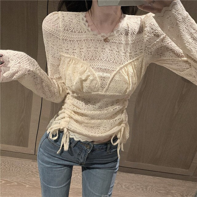Lace Blouses Shirts Tees Mesh Full Sleeve  Stretchy Undershirts