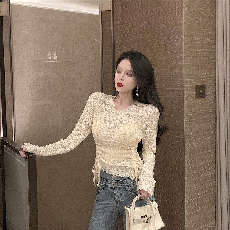 Lace Blouses Shirts Tees Mesh Full Sleeve  Stretchy Undershirts