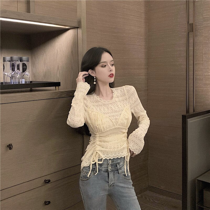 Lace Blouses Shirts Tees Mesh Full Sleeve  Stretchy Undershirts