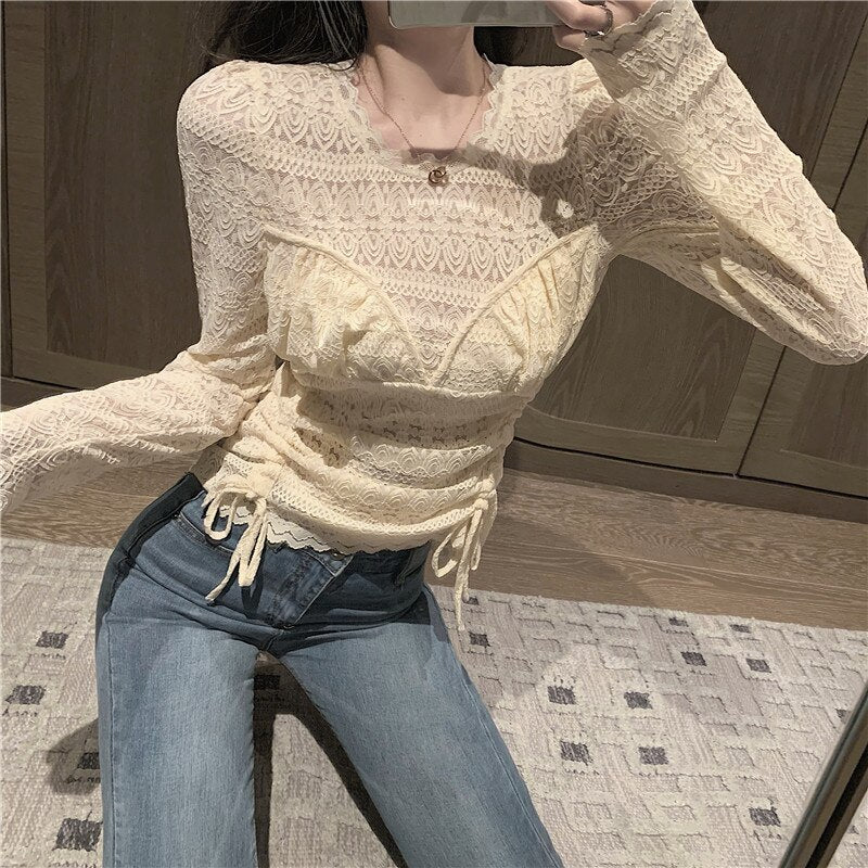 Lace Blouses Shirts Tees Mesh Full Sleeve  Stretchy Undershirts