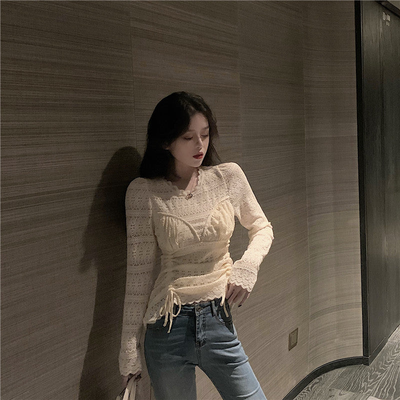 Lace Blouses Shirts Tees Mesh Full Sleeve  Stretchy Undershirts