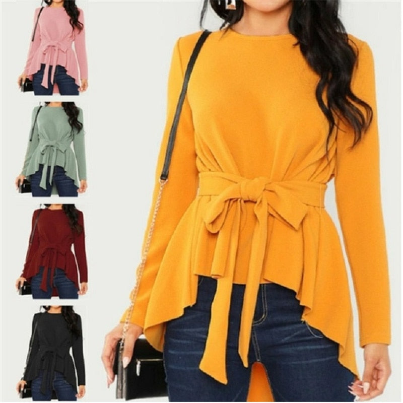 Bowknot Belt Lace Up Blouse Tunic Ladies O-neck