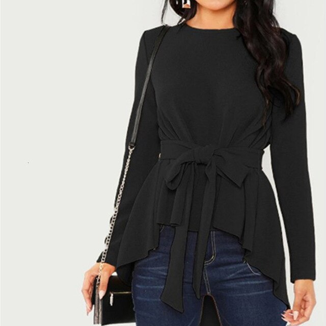 Bowknot Belt Lace Up Blouse Tunic Ladies O-neck
