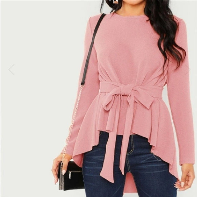 Bowknot Belt Lace Up Blouse Tunic Ladies O-neck