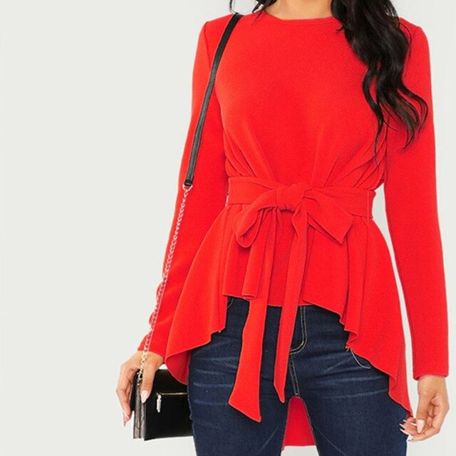 Bowknot Belt Lace Up Blouse Tunic Ladies O-neck
