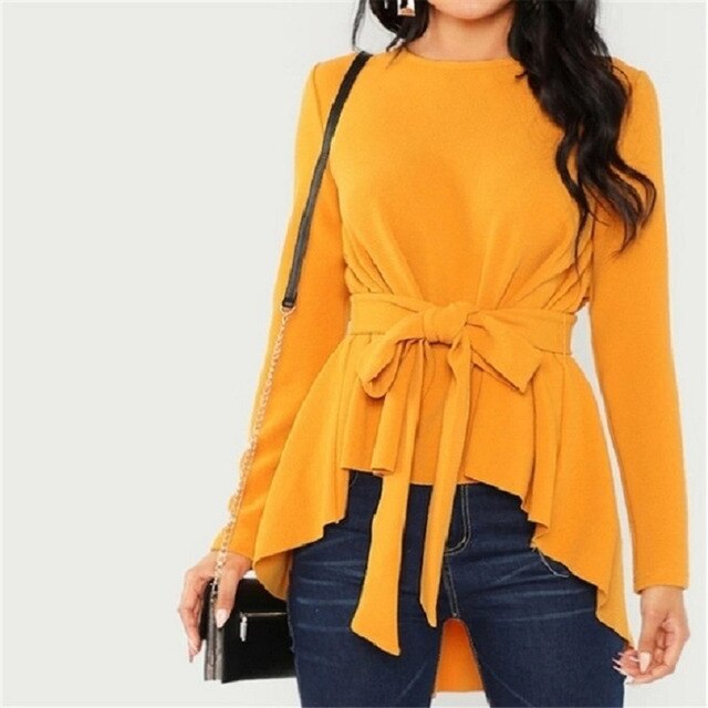 Bowknot Belt Lace Up Blouse Tunic Ladies O-neck