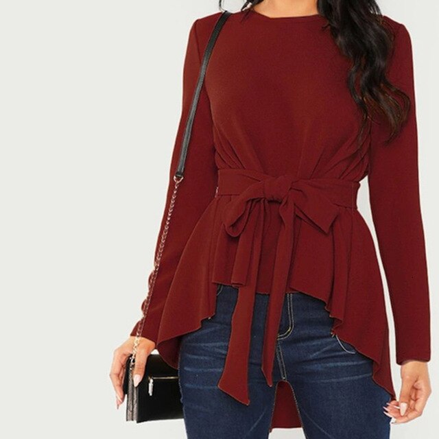Bowknot Belt Lace Up Blouse Tunic Ladies O-neck