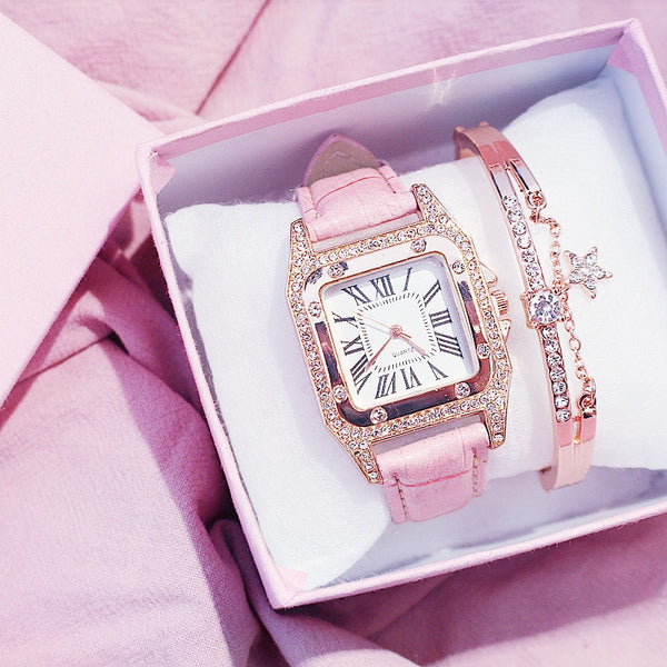 diamond Watch starry Luxury Bracelet set Leather Band
