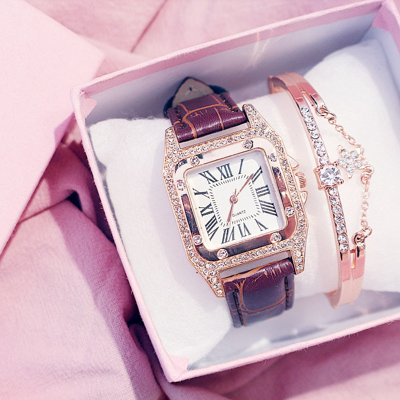 diamond Watch starry Luxury Bracelet set Leather Band
