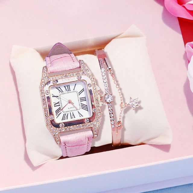 diamond Watch starry Luxury Bracelet set Leather Band