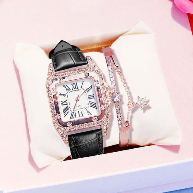 diamond Watch starry Luxury Bracelet set Leather Band