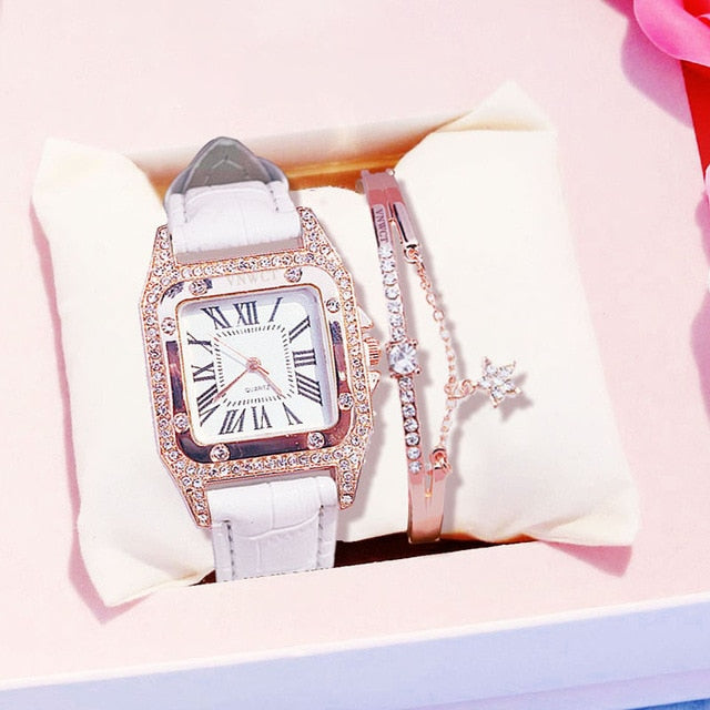 diamond Watch starry Luxury Bracelet set Leather Band