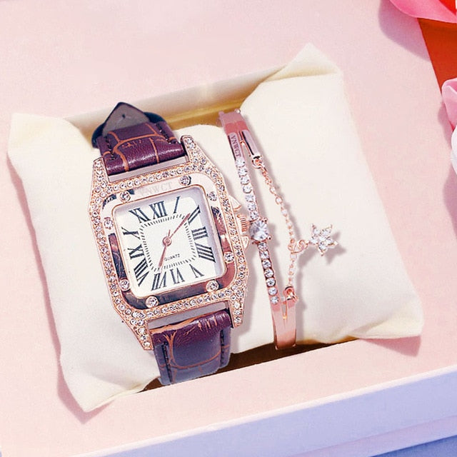 diamond Watch starry Luxury Bracelet set Leather Band