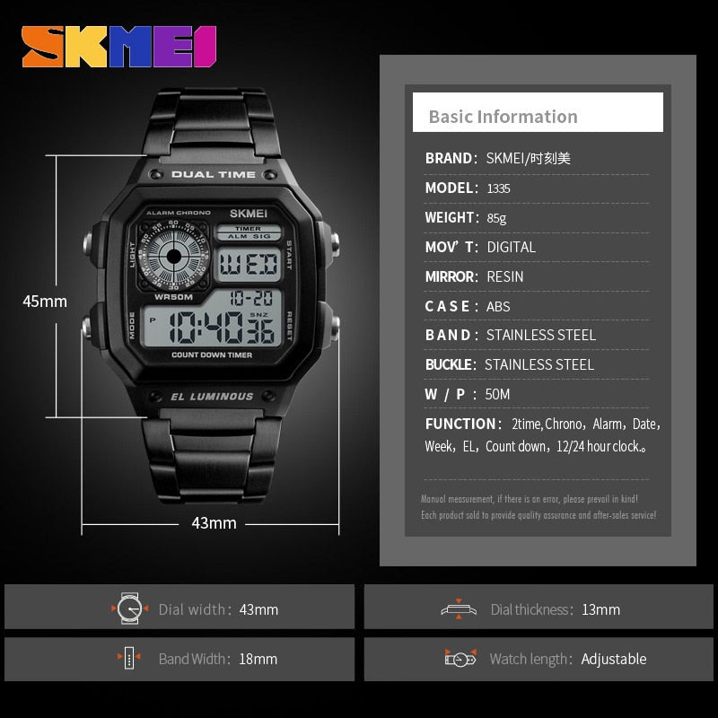 Waterproof Sport Watch Stainless Steel Digital Wristwatches