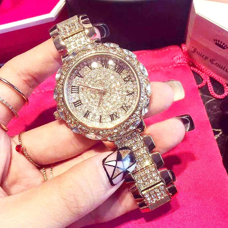 Gold Clock  Crystal Quartz Watch Fashion Women's Wristwatch