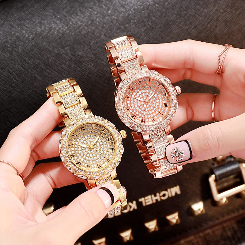 Gold Clock  Crystal Quartz Watch Fashion Women's Wristwatch