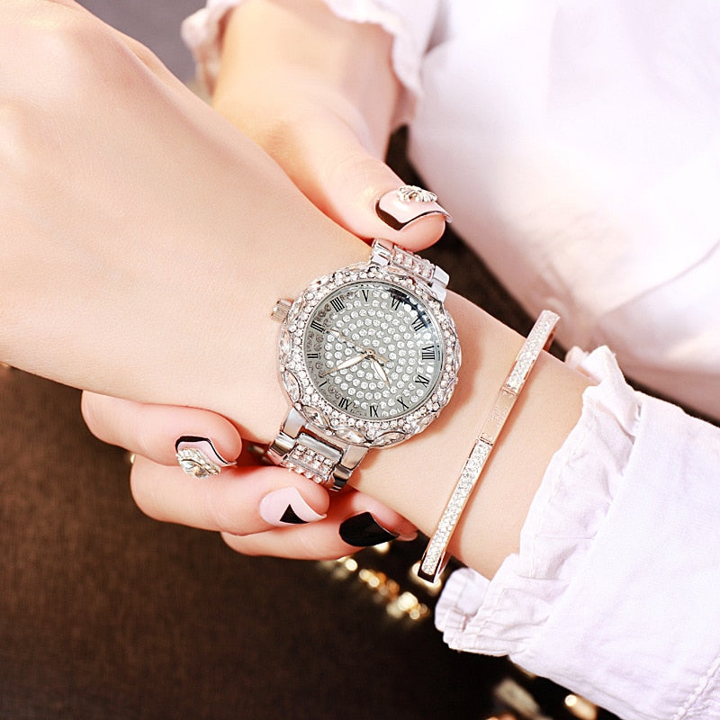 Gold Clock  Crystal Quartz Watch Fashion Women's Wristwatch