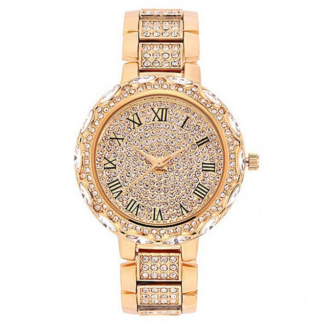 Gold Clock  Crystal Quartz Watch Fashion Women's Wristwatch