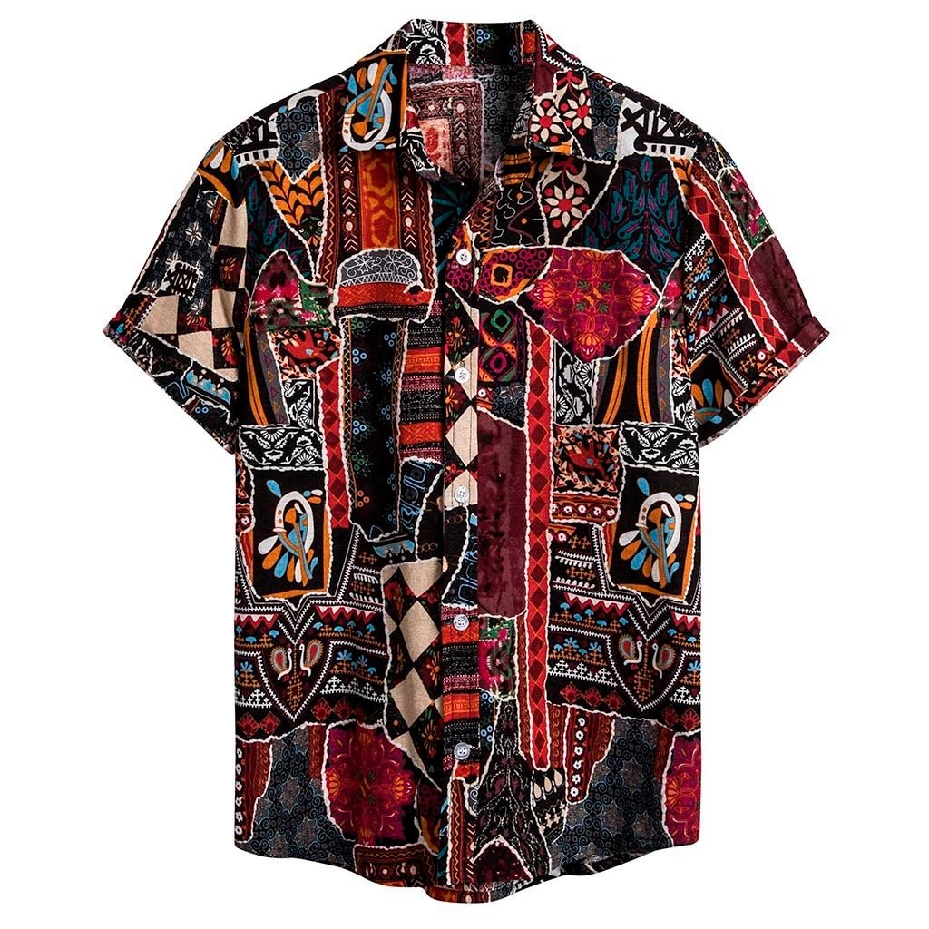 Mens Ethnic Short Sleeve Casual Cotton Linen Printing Hawaiian Shirt Blouse