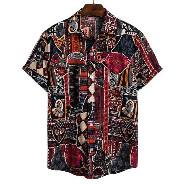 Mens Ethnic Short Sleeve Casual Cotton Linen Printing Hawaiian Shirt Blouse