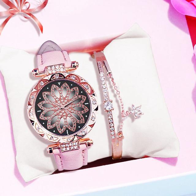 Luxury Women Watches Bracelet set Starry Sky Ladies Bracelet Watch Casual Leather Quartz watch Wristwatch Clock