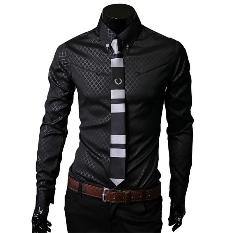 Men Plaid Shirts Brand 5XL  Dress Shirts Long Sleeve Slim Casual Black White