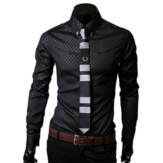 Men Plaid Shirts Brand 5XL  Dress Shirts Long Sleeve Slim Casual Black White