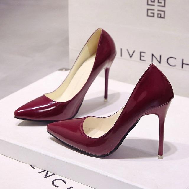Hot Women's Shoes Pointed Toe Shoes Patent Leather Dress High Heels Wedding Shoes Woman Red Wine Red