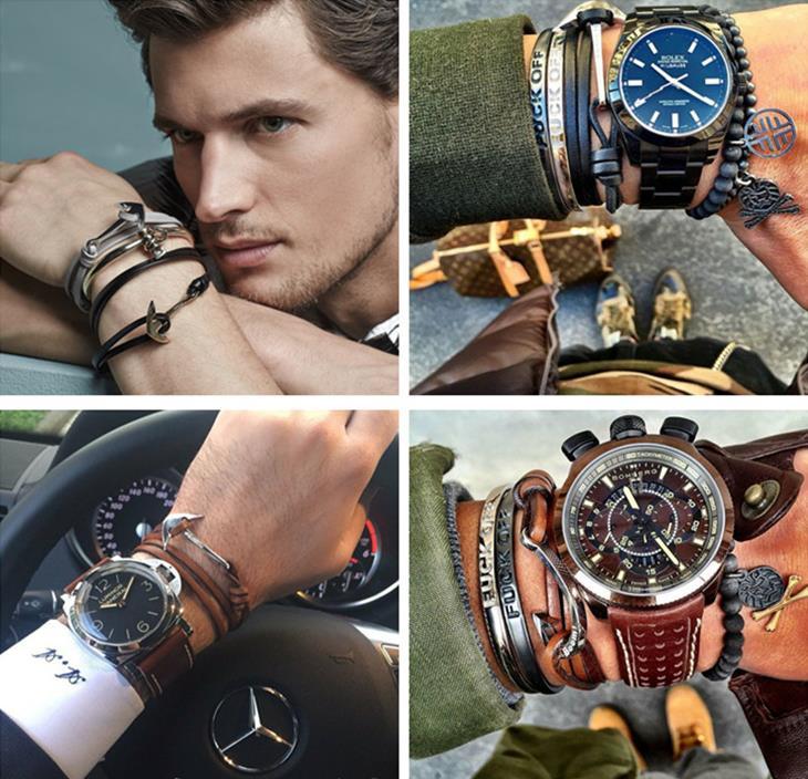 High Quality Men's Titanium Steel Bracelet Black Personality Leather Woven Anchor Leather Bracelet Rope Bracelet