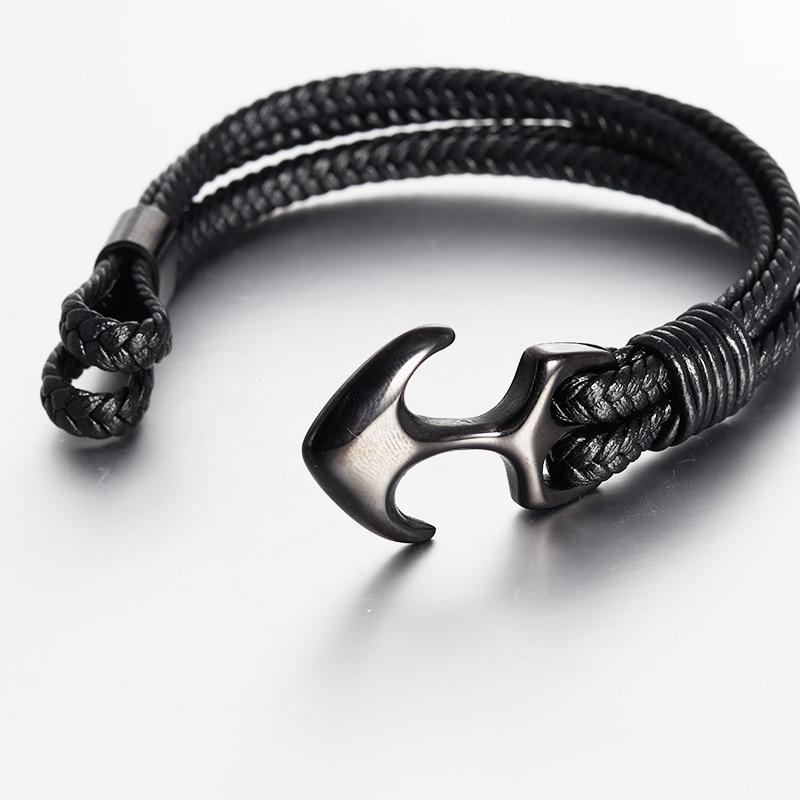 High Quality Men's Titanium Steel Bracelet Black Personality Leather Woven Anchor Leather Bracelet Rope Bracelet