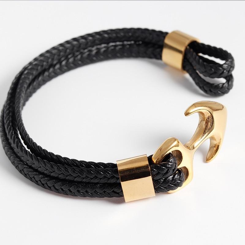 High Quality Men's Titanium Steel Bracelet Black Personality Leather Woven Anchor Leather Bracelet Rope Bracelet