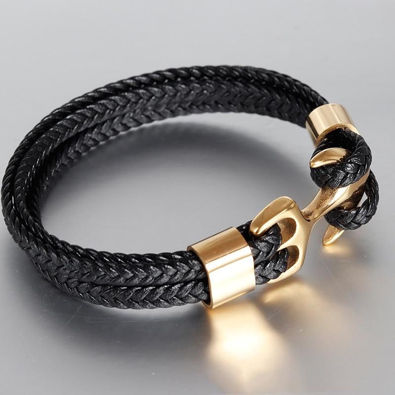 High Quality Men's Titanium Steel Bracelet Black Personality Leather Woven Anchor Leather Bracelet Rope Bracelet