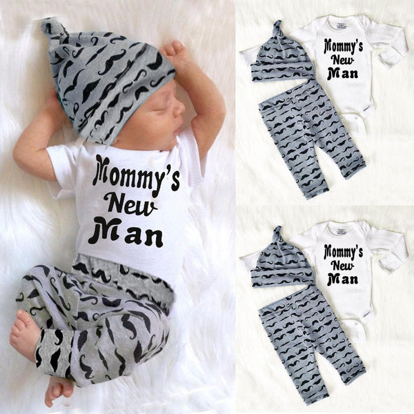 Cute 3PCS Set Newborn Baby Boy Clothes Mustache Print Bodysuit Tops Long Pants Hat Outfits 0-18M